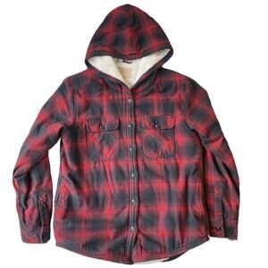 Boston Traders Men Button Up Shirt Size XS Red Plaid Western Long Sleeve Hoodie